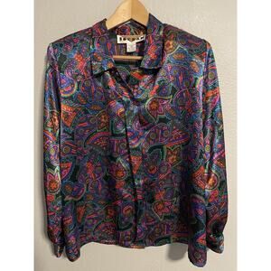 Vintage Womens Top Size 14 Colorful Paisley Satin Button Up Psychedelic Artsy